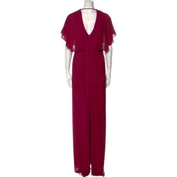 Halston Heritage Women’s Size 10 Maxi Dress Deep Pink Fuschia V Neck Flounce NWT - Picture 1 of 16